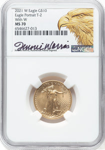 2021-W Gold Eagle 1/4 oz $10 NGC MS70 Unfinished Proof Dies Type 2 J. Norris Sig