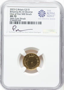 2023 £10 Gold Britannia 1/10 oz Charles III NGC MS70 One of First 500 Struck