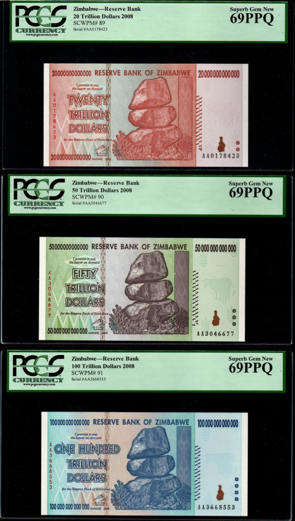 2008 AA ZIMBABWE 20-100 TRILLION DOLLARS SET, NEW, PCGS 69 PPQ